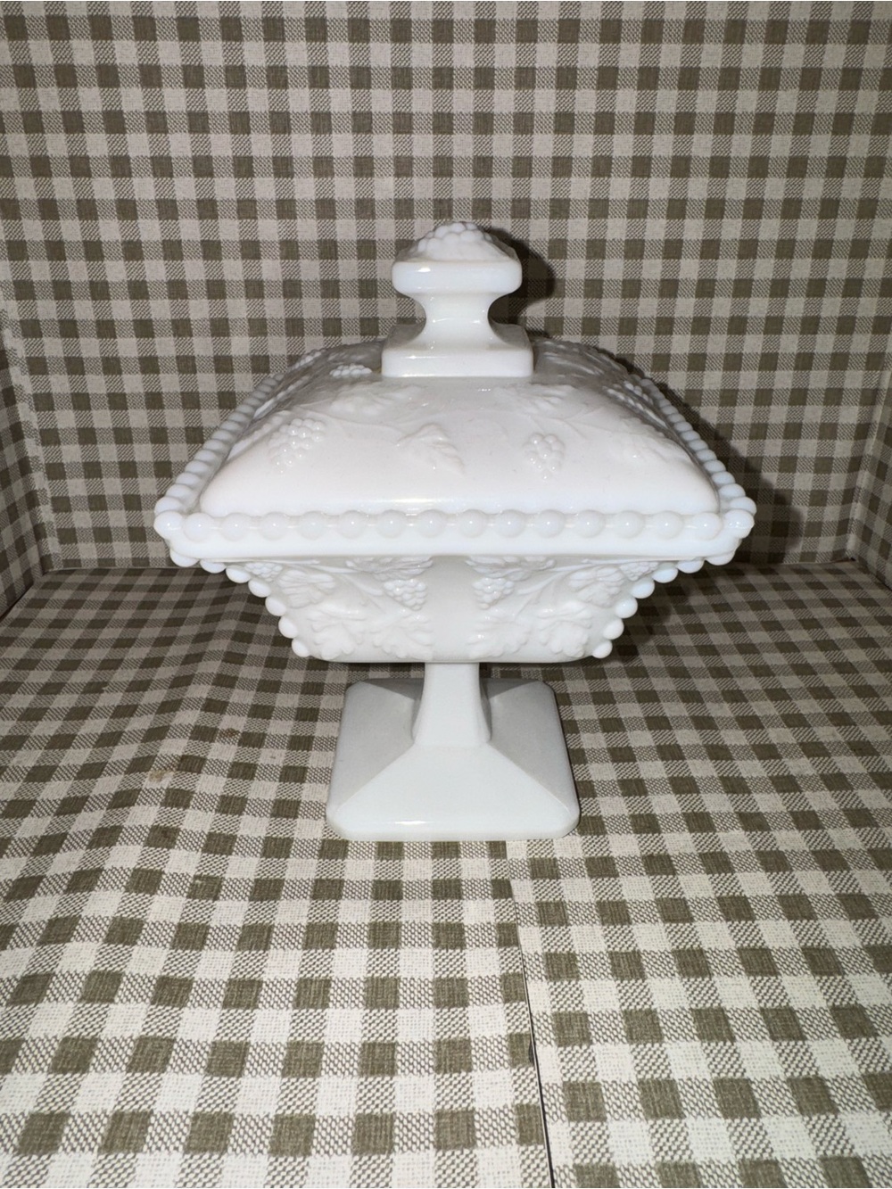 Source Unknown White Milk Glass Covered Compote with Grape Motif